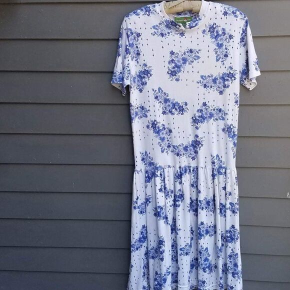 Vintage 80s/90s Blue White Outback Red Floral Dress Size Medium - Picture 1 of 8